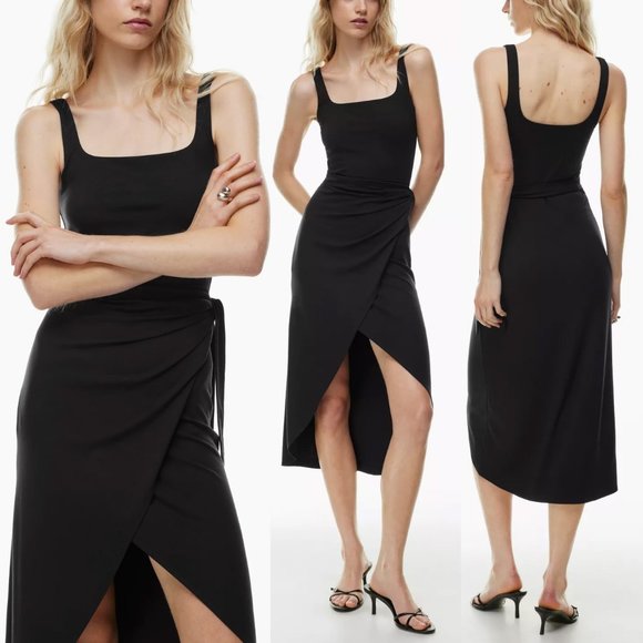 Wilfred Dresses & Skirts - Aritzia Wilfred Saturn Midi Dress Black Square Neck Soft Stretchy Midi Wrap XS